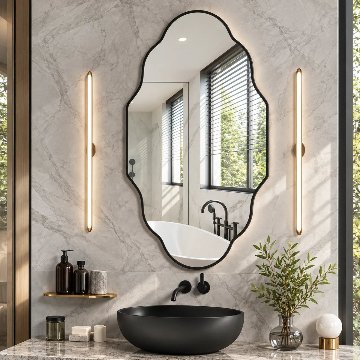 VOLUTA — Miroir Mural Asymétrique, Cadre Métal Nuage ou Lanterne