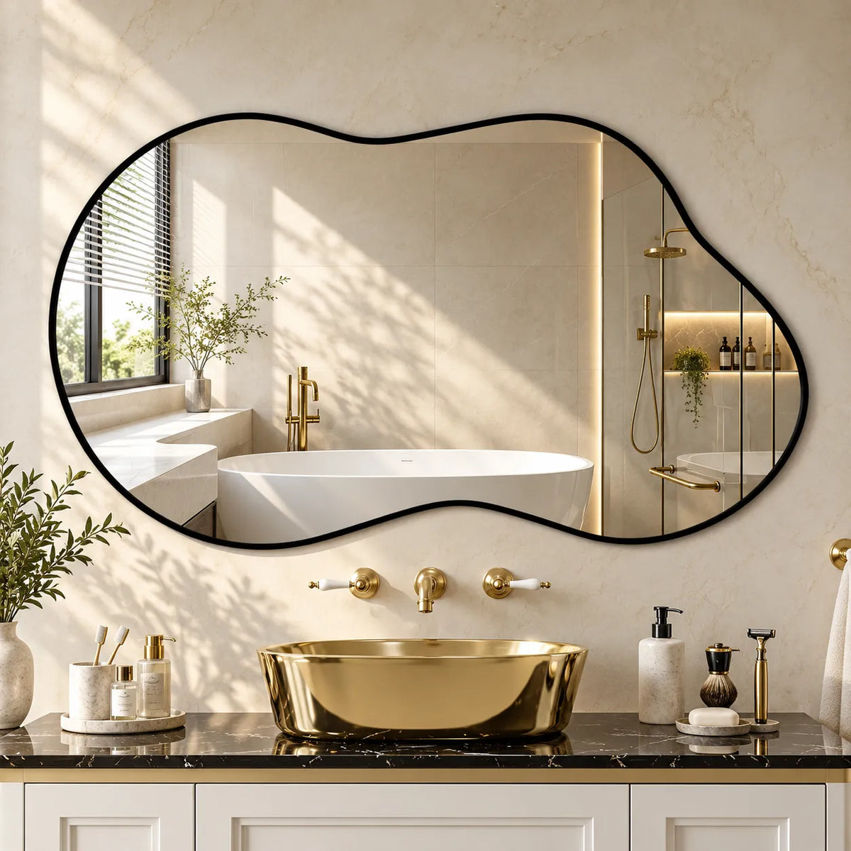VOLUTA — Miroir Mural Asymétrique, Cadre Métal Nuage ou Lanterne
