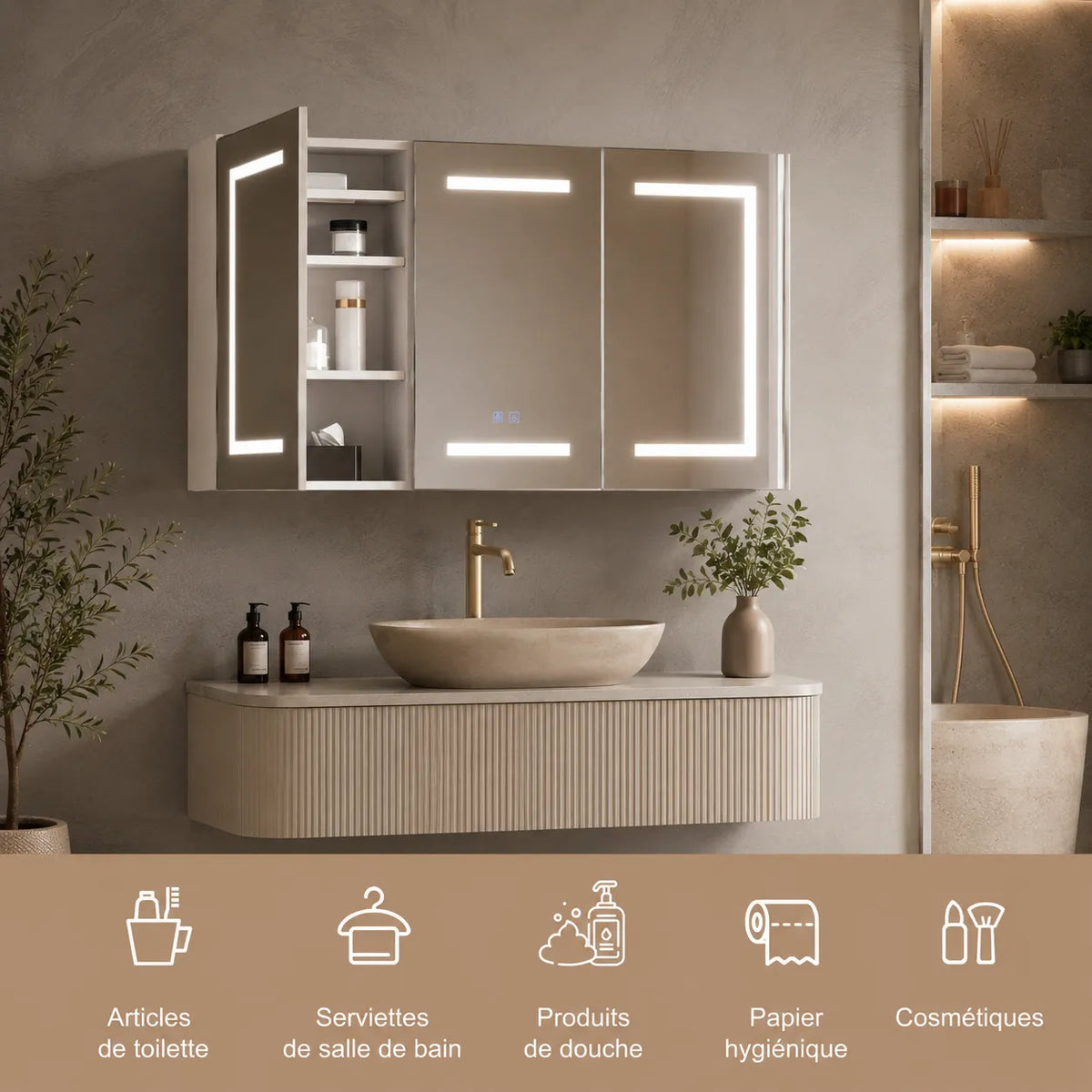 CLARYSE - Armoire Miroir 3 Portes LED Anti-Buée, Prise Intégrée, 100cm