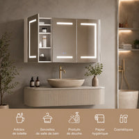 CLARYSE - Armoire Miroir 3 Portes LED Anti-Buée, Prise Intégrée, 100cm