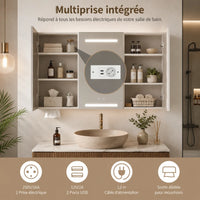 CLARYSE - Armoire Miroir 3 Portes LED Anti-Buée, Prise Intégrée, 100cm