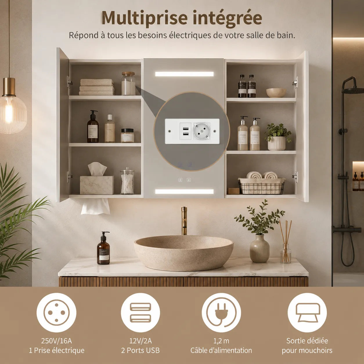 CLARYSE - Armoire Miroir 3 Portes LED Anti-Buée, Prise Intégrée, 100cm