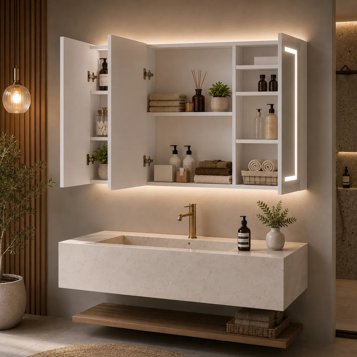 CLARYSE - Armoire Miroir 3 Portes LED Anti-Buée, Prise Intégrée, 100cm