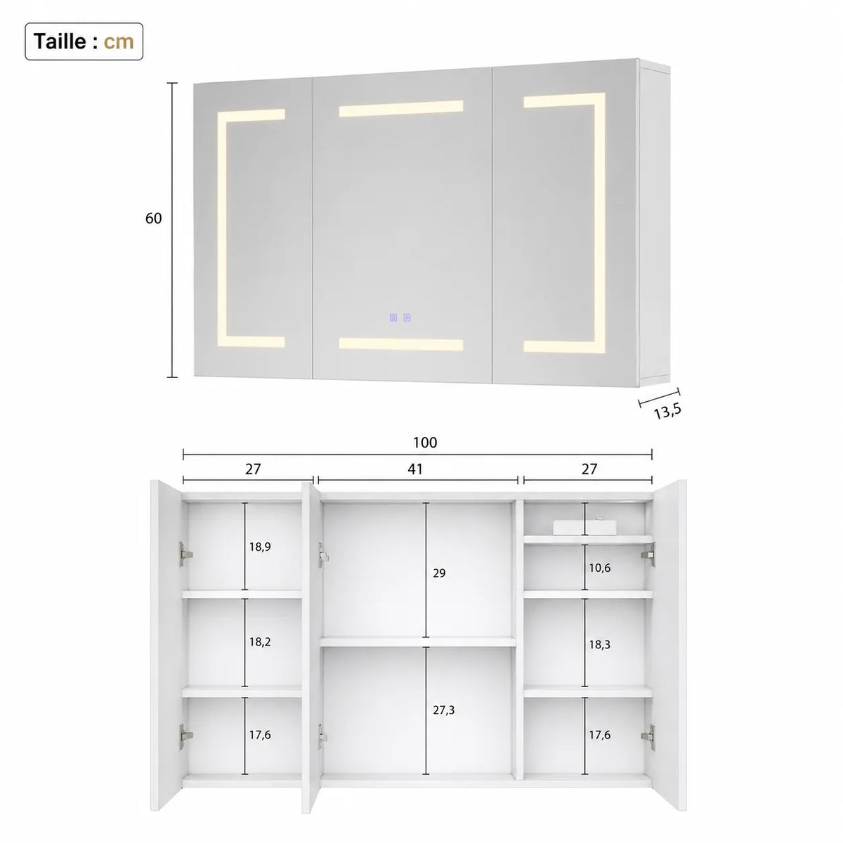 CLARYSE - Armoire Miroir 3 Portes LED Anti-Buée, Prise Intégrée, 100cm