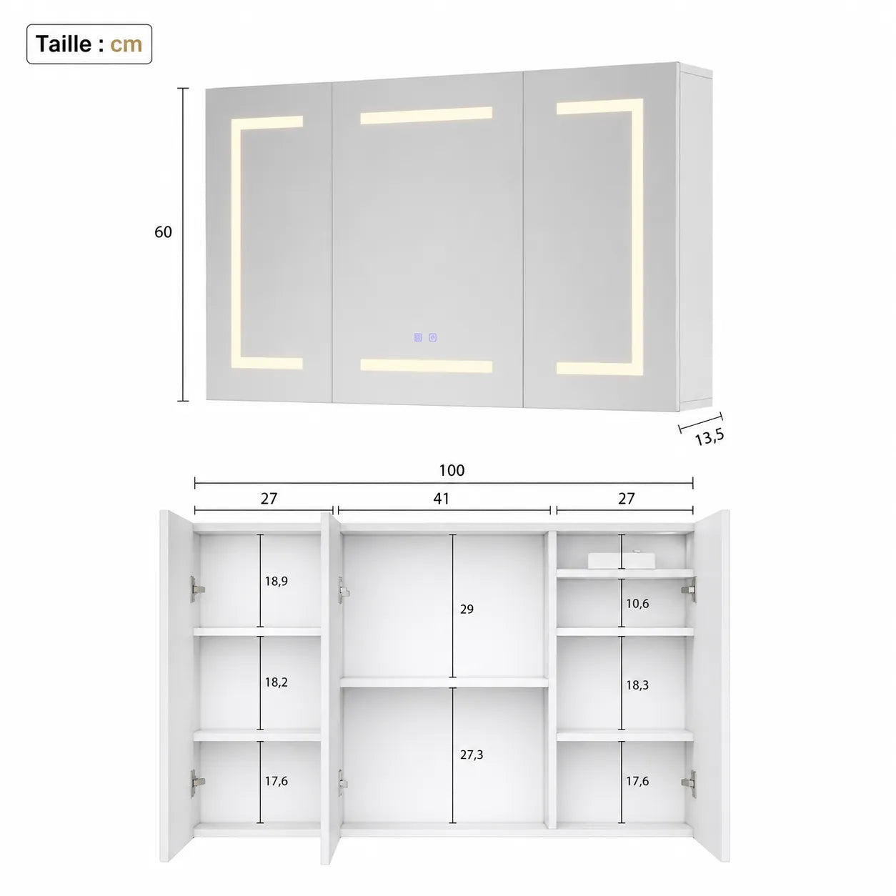 CLARYSE - Armoire Miroir 3 Portes LED Anti-Buée, Prise Intégrée, 100cm