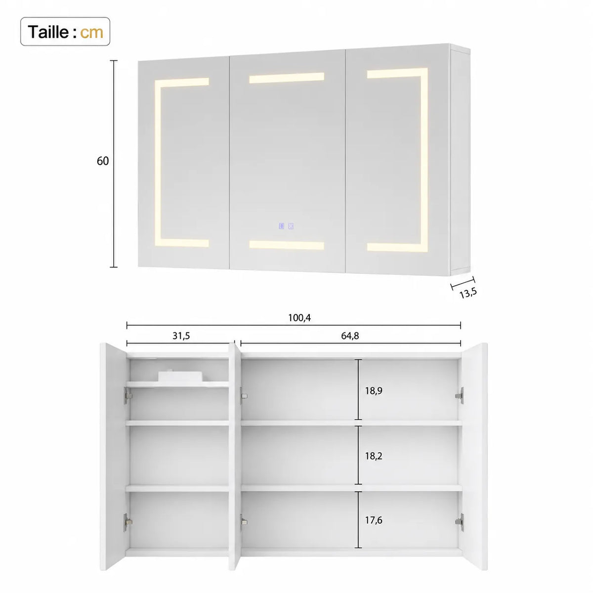 CLARYSE - Armoire Miroir 3 Portes LED Anti-Buée, Prise Intégrée, 100cm