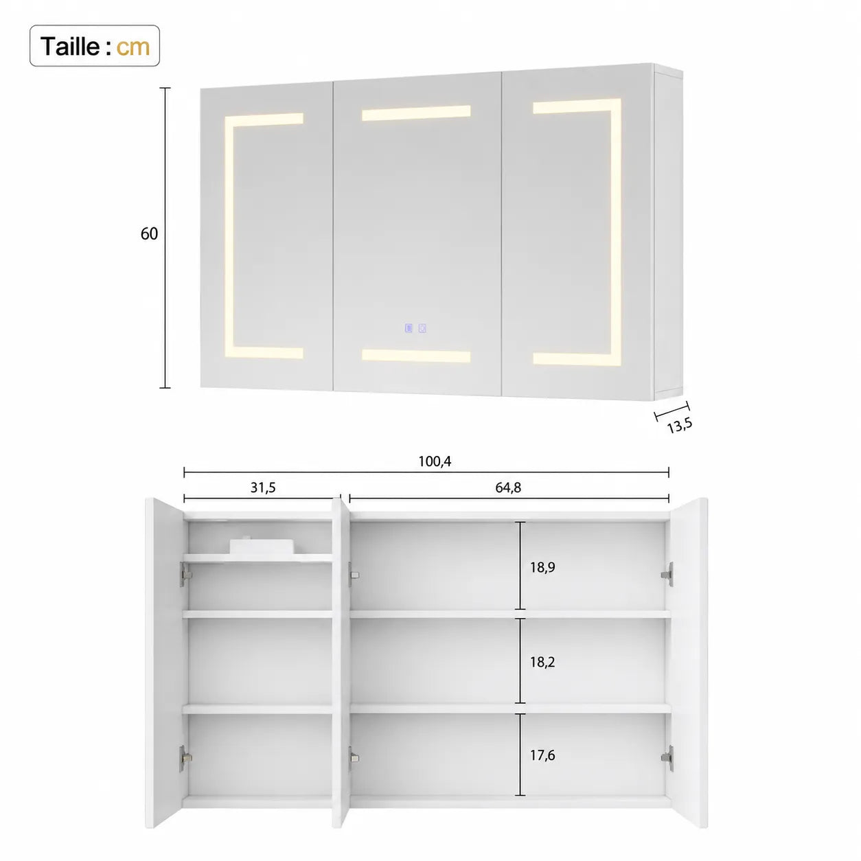 CLARYSE - Armoire Miroir 3 Portes LED Anti-Buée, Prise Intégrée, 100cm