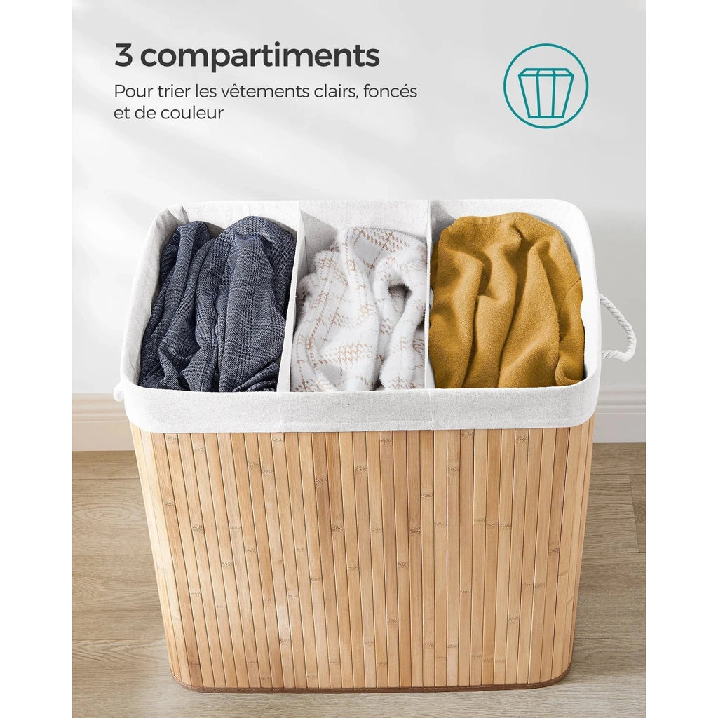 Panier à linge 150 L : Tri facilité avec 3 compartiments, bambou élégant, pliable & - Aéraly