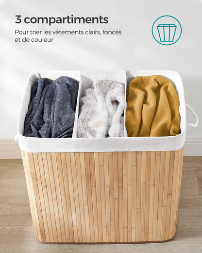 SONGMICS Laundry Basket, 150 L Laundry Basket, 3 Compartments Sorting Compartments, Bamboo Lid, Handles, Foldable
