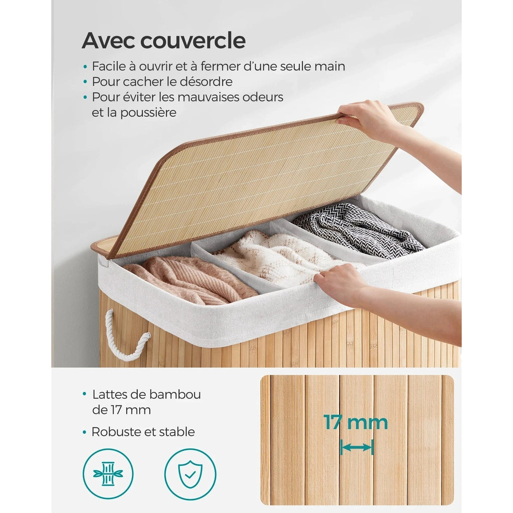 Panier à linge 150 L : Tri facilité avec 3 compartiments, bambou élégant, pliable & - Aéraly