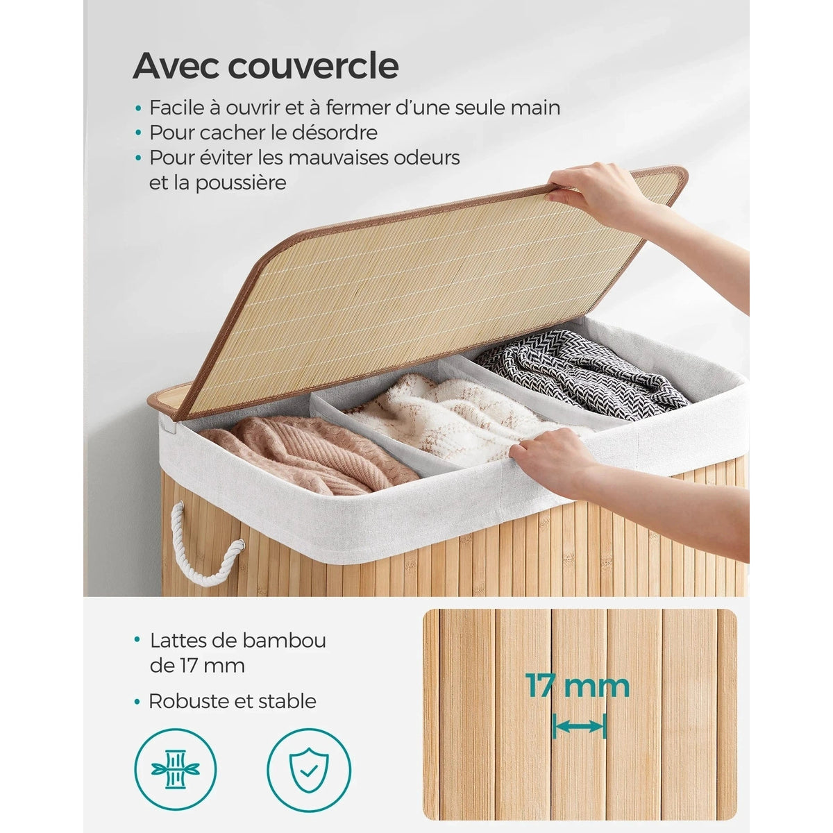 Panier à linge 150 L : Tri facilité avec 3 compartiments, bambou élégant, pliable & - Aéraly