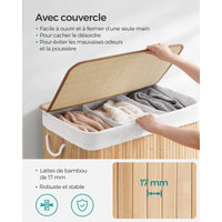 Panier à linge 150 L : Tri facilité avec 3 compartiments, bambou élégant, pliable & - Aéraly
