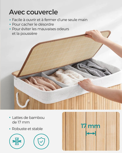 SONGMICS Laundry Basket, 150 L Laundry Basket, 3 Compartments Sorting Compartments, Bamboo Lid, Handles, Foldable