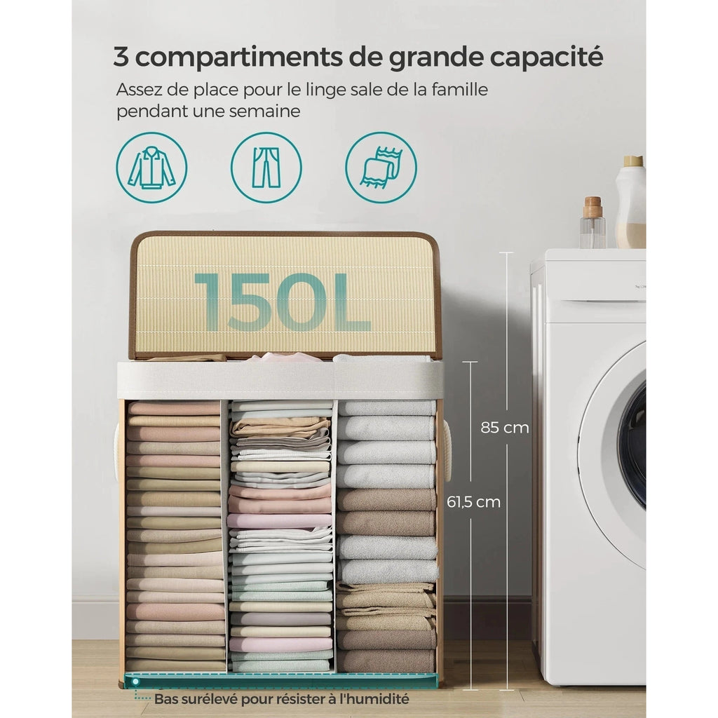 Panier à linge 150 L : Tri facilité avec 3 compartiments, bambou élégant, pliable & - Aéraly