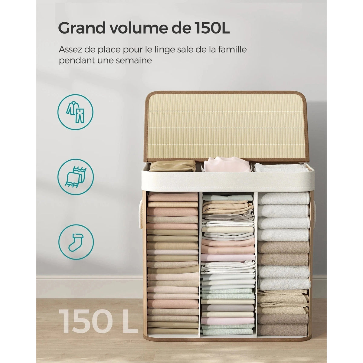 Panier à linge 150 L : Tri facilité avec 3 compartiments, bambou élégant, pliable & - Aéraly