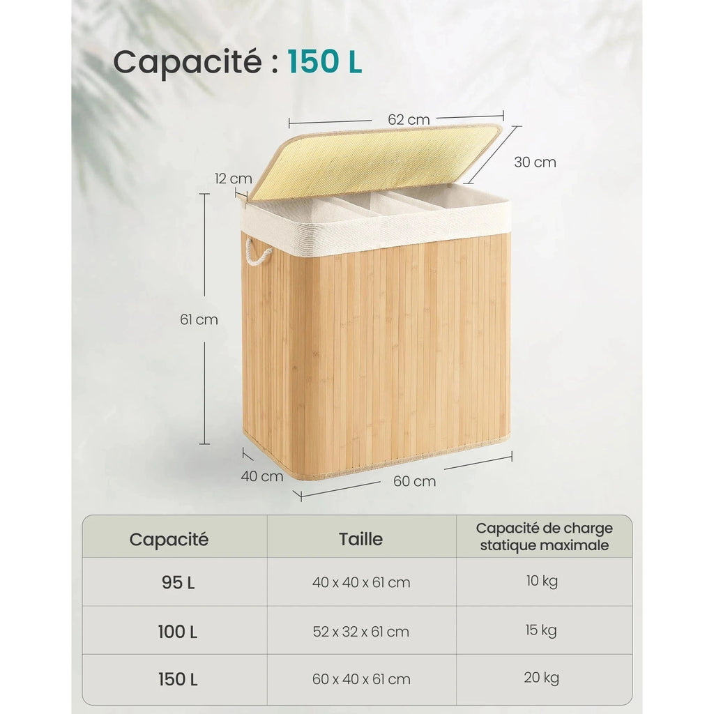 Panier à linge 150 L : Tri facilité avec 3 compartiments, bambou élégant, pliable & - Aéraly