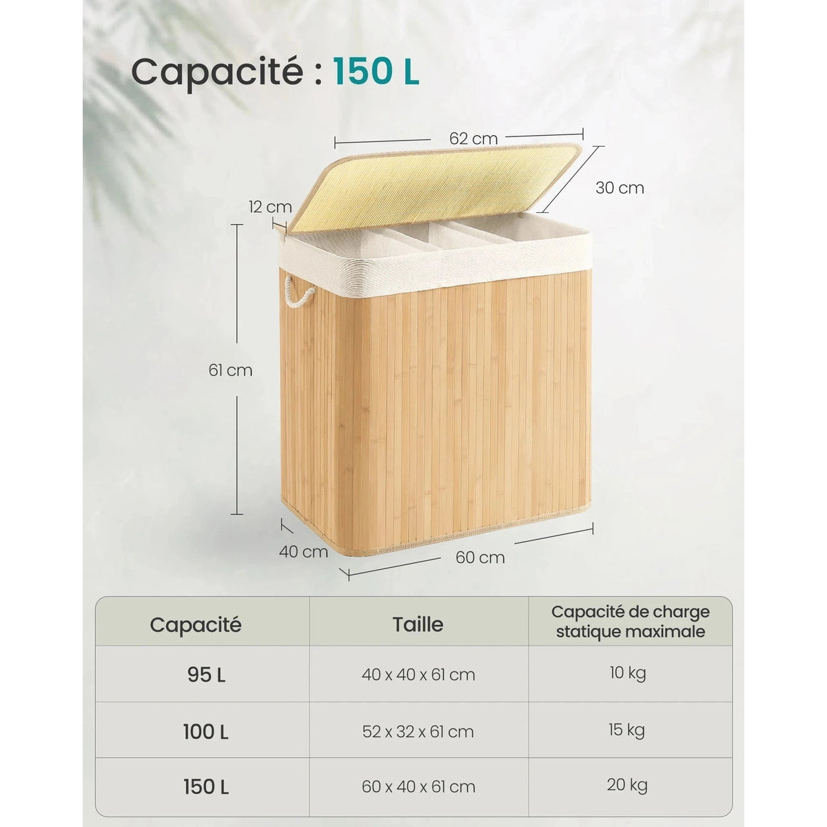 Panier à linge 150 L : Tri facilité avec 3 compartiments, bambou élégant, pliable & - Aéraly