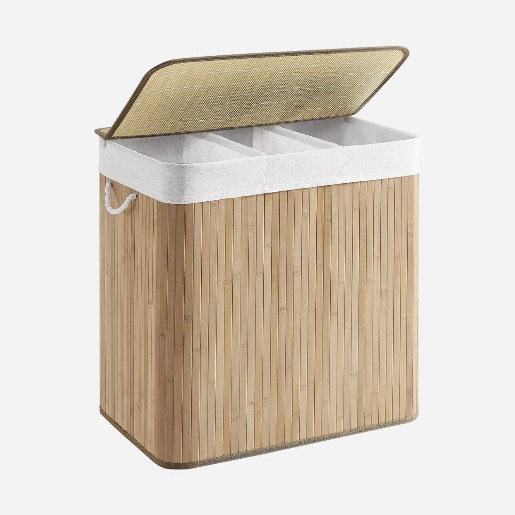 Panier à linge 150 L : Tri facilité avec 3 compartiments, bambou élégant, pliable & - Aéraly