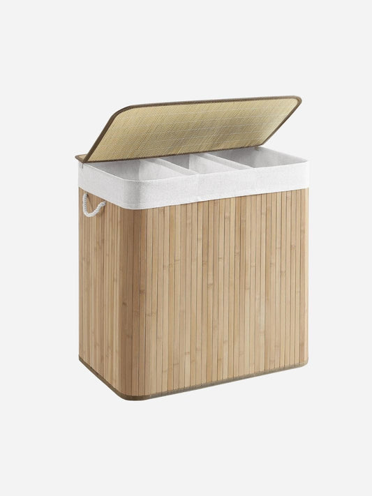 Panier à linge 150 L : Tri facilité avec 3 compartiments, bambou élégant, pliable & pratique