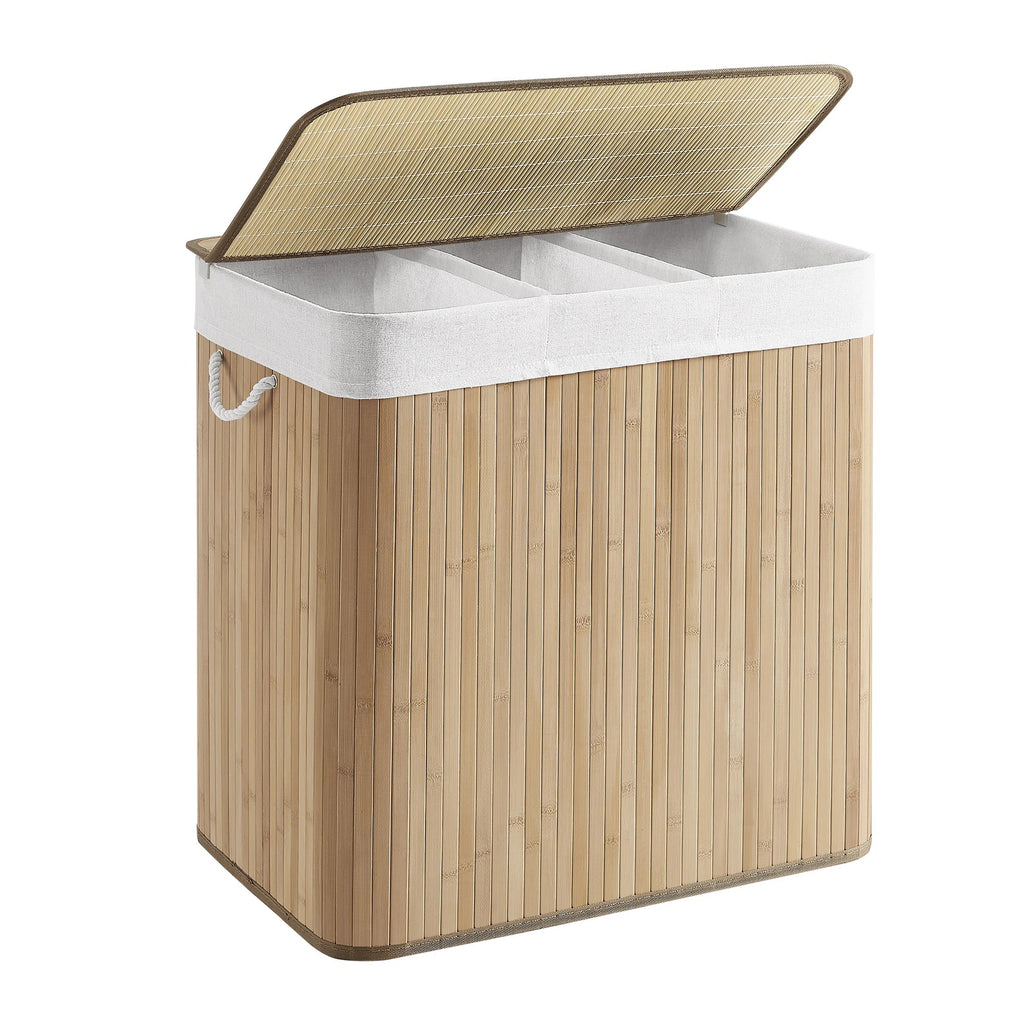 Panier à linge 150 L : Tri facilité avec 3 compartiments, bambou élégant, pliable & - Aéraly