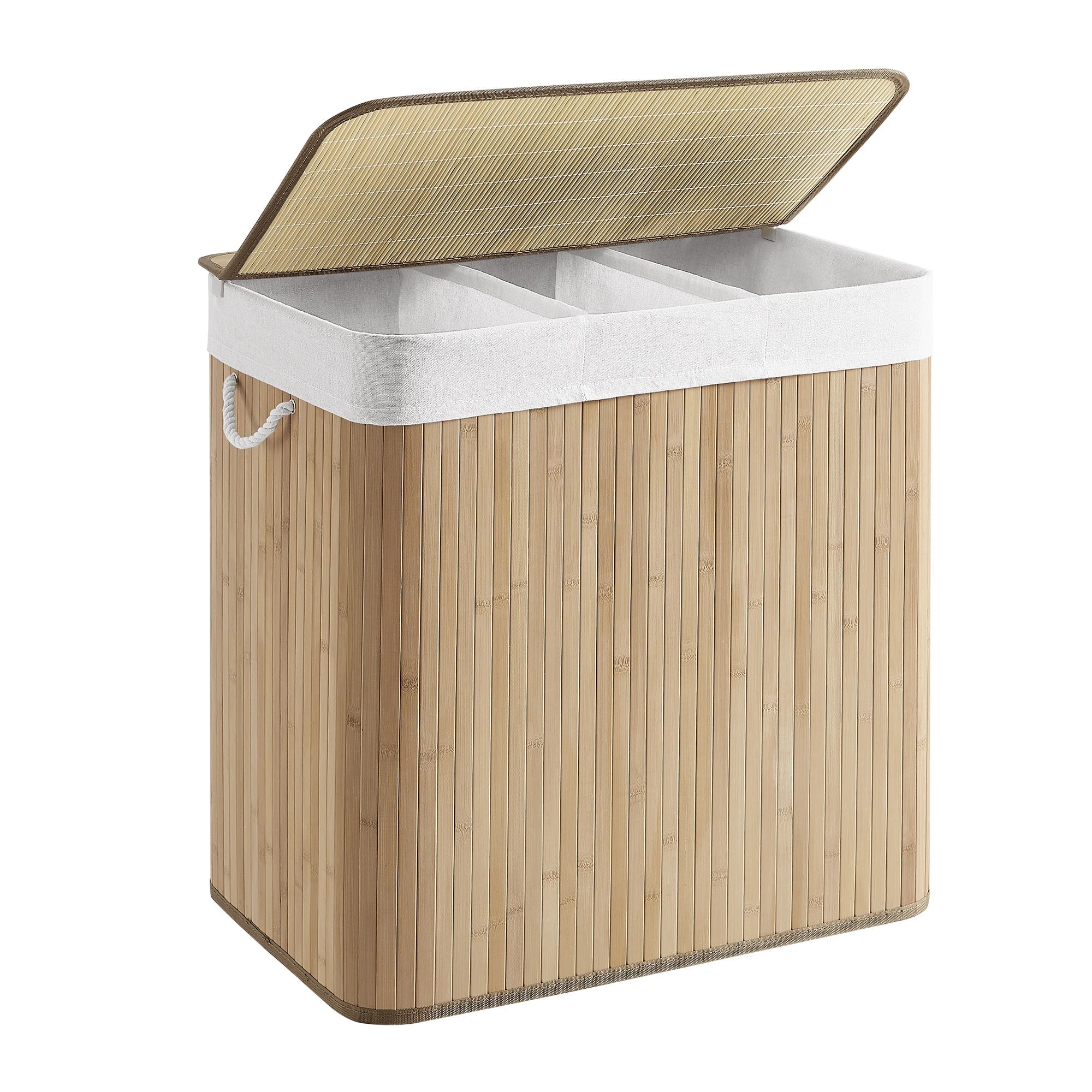 Panier à linge 150 L : Tri facilité avec 3 compartiments, bambou élégant, pliable & - Aéraly