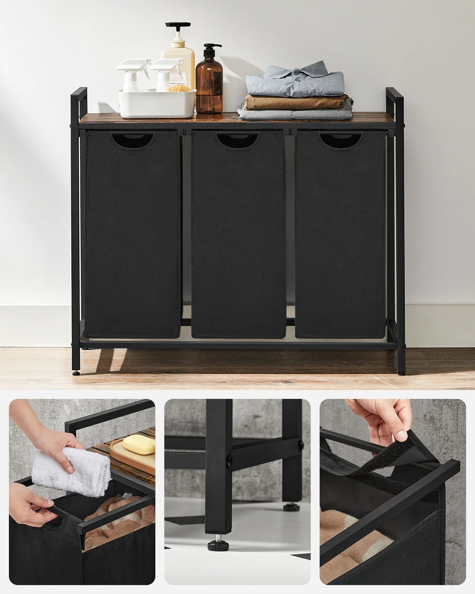 Panier à linge 3 compartiments avec étagère – Robuste et pratique