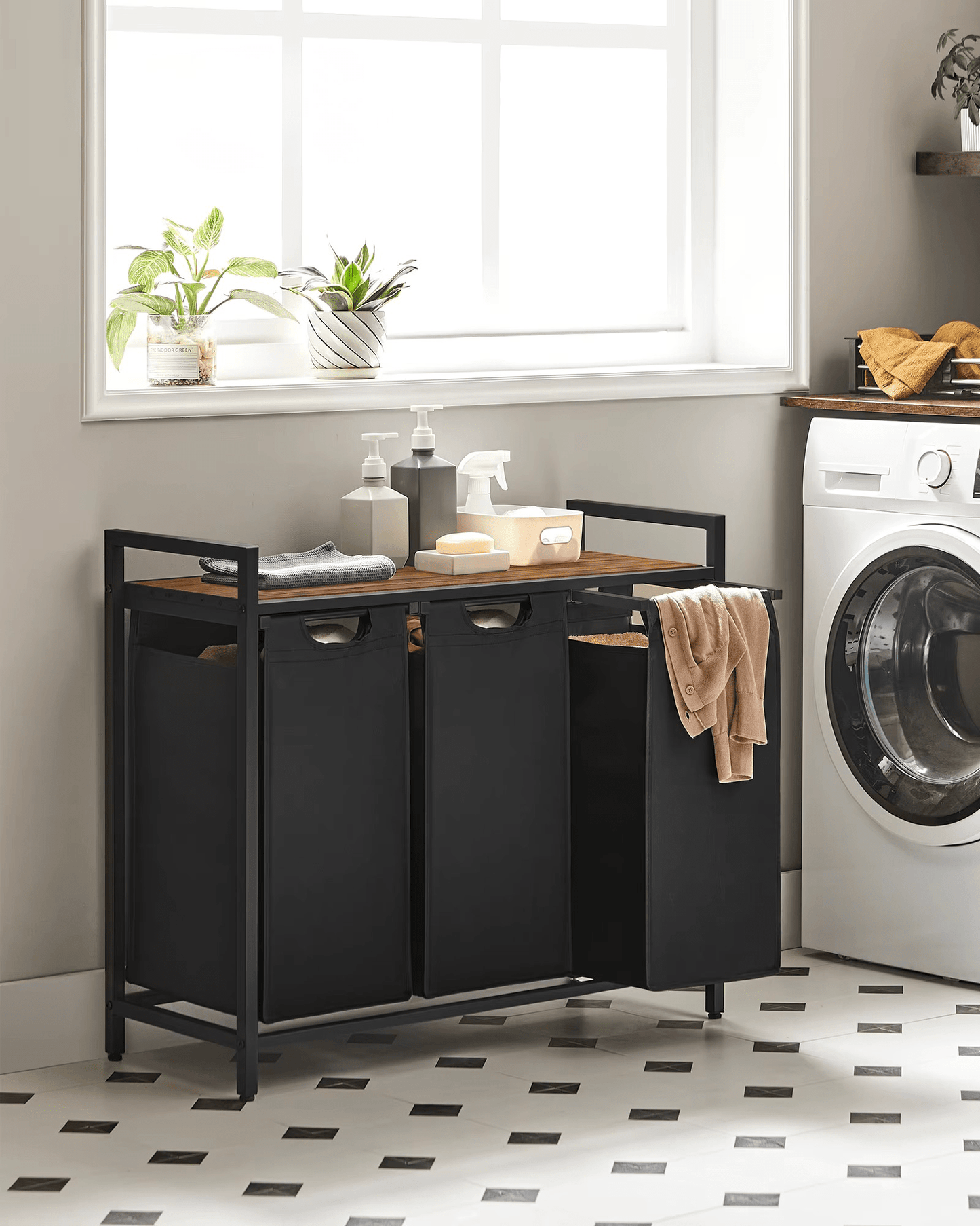 Panier à linge 3 compartiments avec étagère – Robuste et pratique