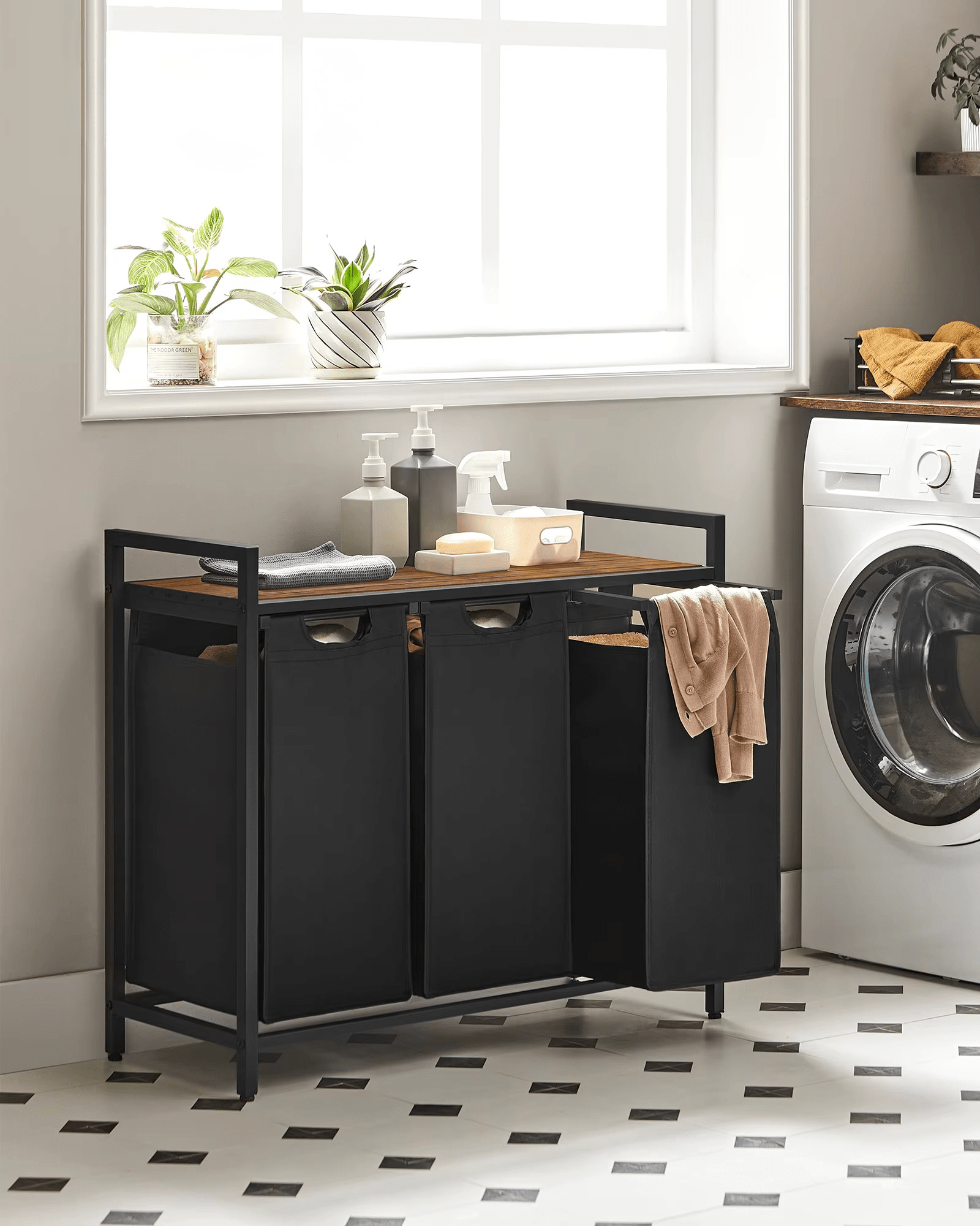 Panier à linge 3 compartiments avec étagère – Robuste et pratique
