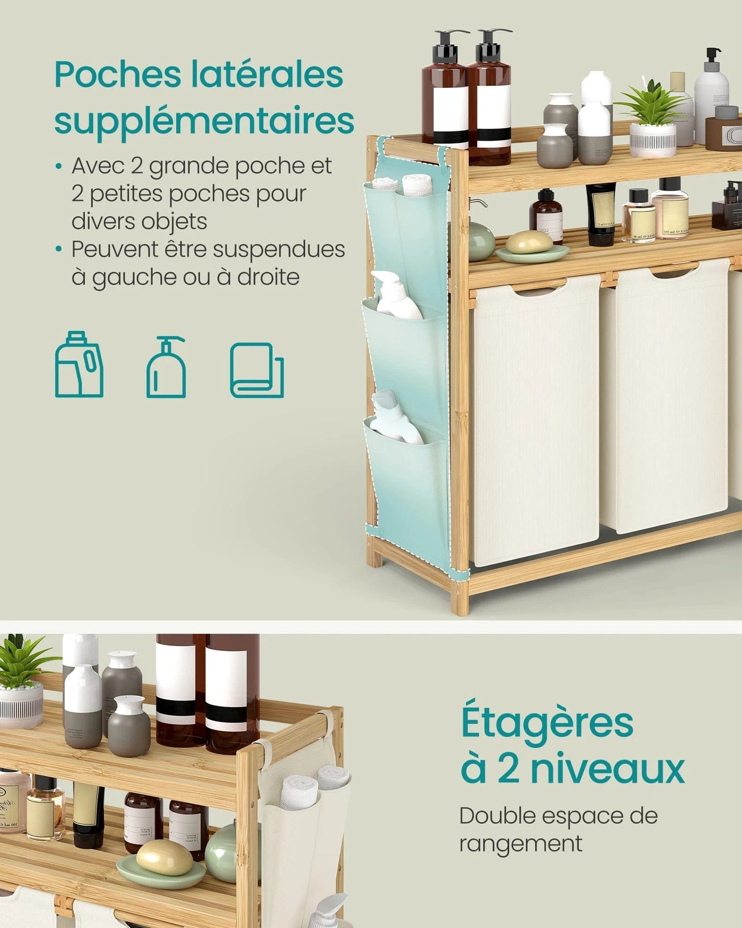 Laundry Basket, with 3 Compartments, 150 Litre Capacity, with Shelf, Side Pockets, 3 x 50 L, 94 x 33 x 98 cm, Cream White Blanc Crème / 150 L / GERMANY