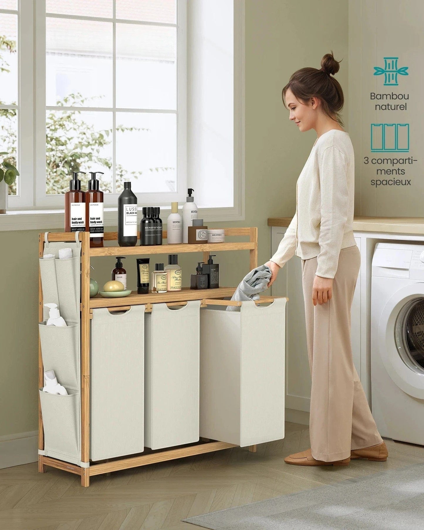 Panier à linge 3 compartiments avec étagère intégrée : Rangez facilement et efficacement votre linge 150 L / Blanc