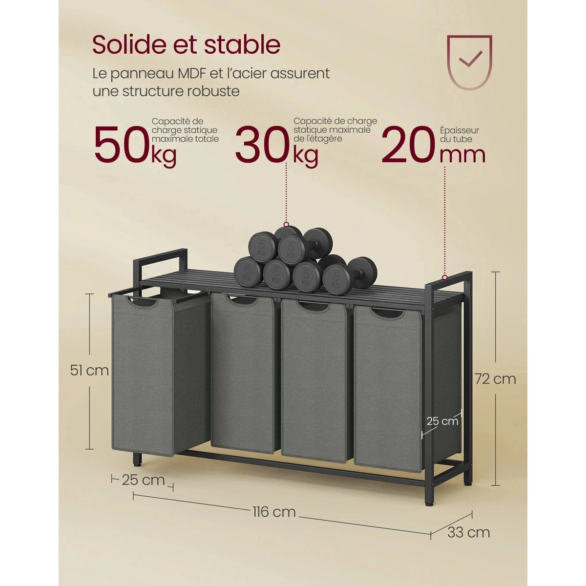 Panier à linge 4 compartiments avec étagère – Grande capacité 160 L - Aéraly