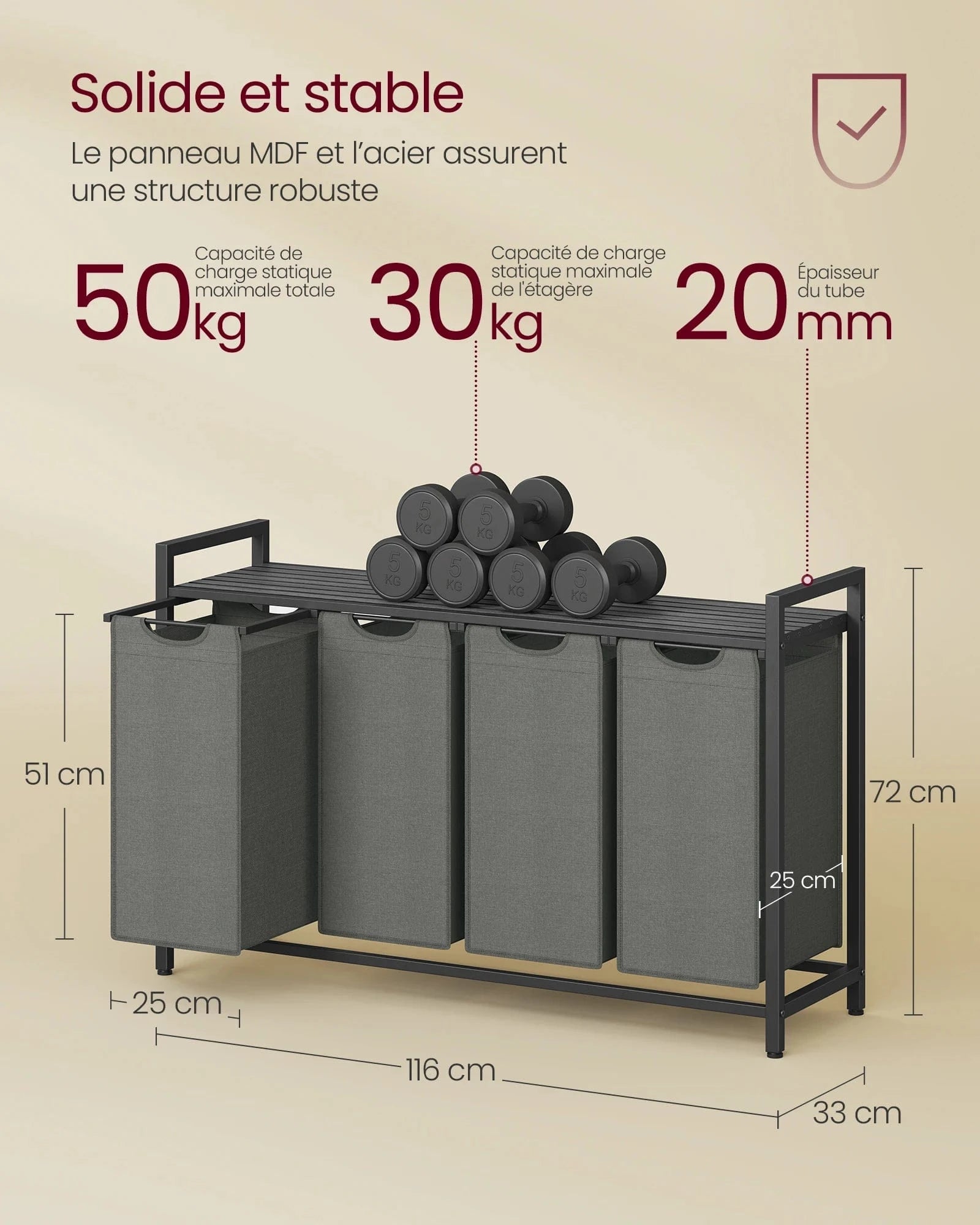 Panier à linge 4 compartiments avec étagère – Grande capacité 160 L
