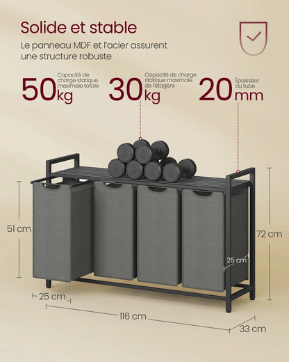 Panier à linge 4 compartiments avec étagère – Grande capacité 160 L