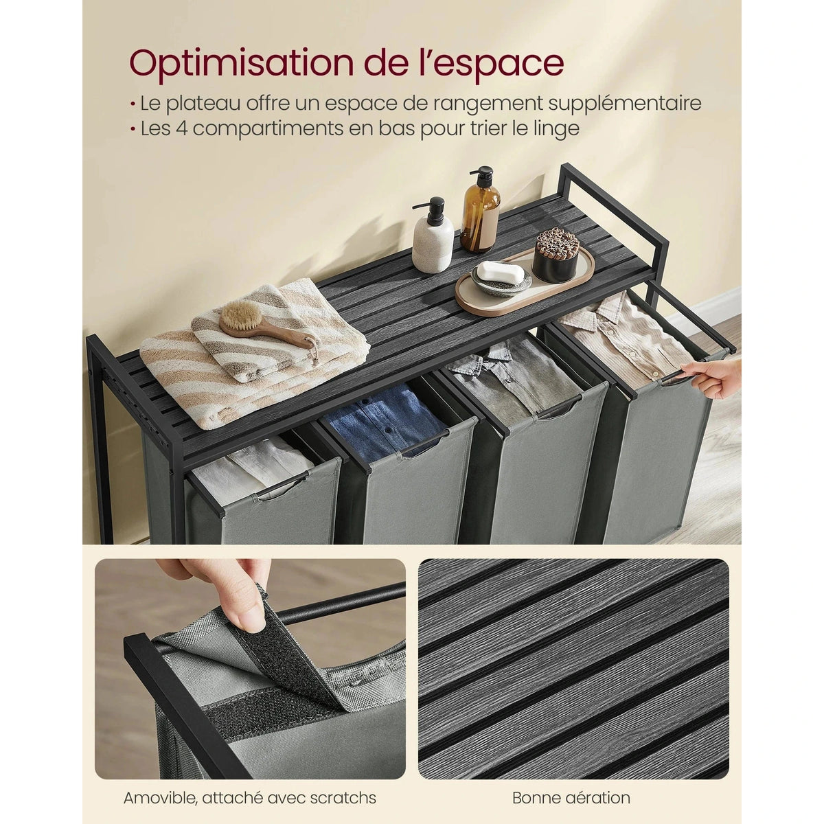 Panier à linge 4 compartiments avec étagère – Grande capacité 160 L - Aéraly