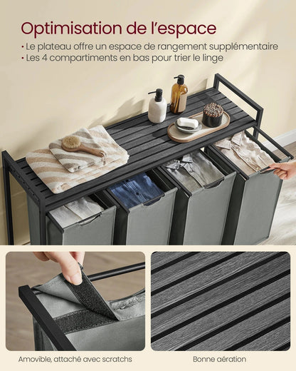Panier à linge 4 compartiments avec étagère – Grande capacité 160 L