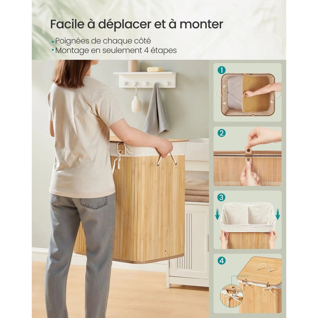 Panier à linge bambou avec couvercle et sac amovible - Aéraly