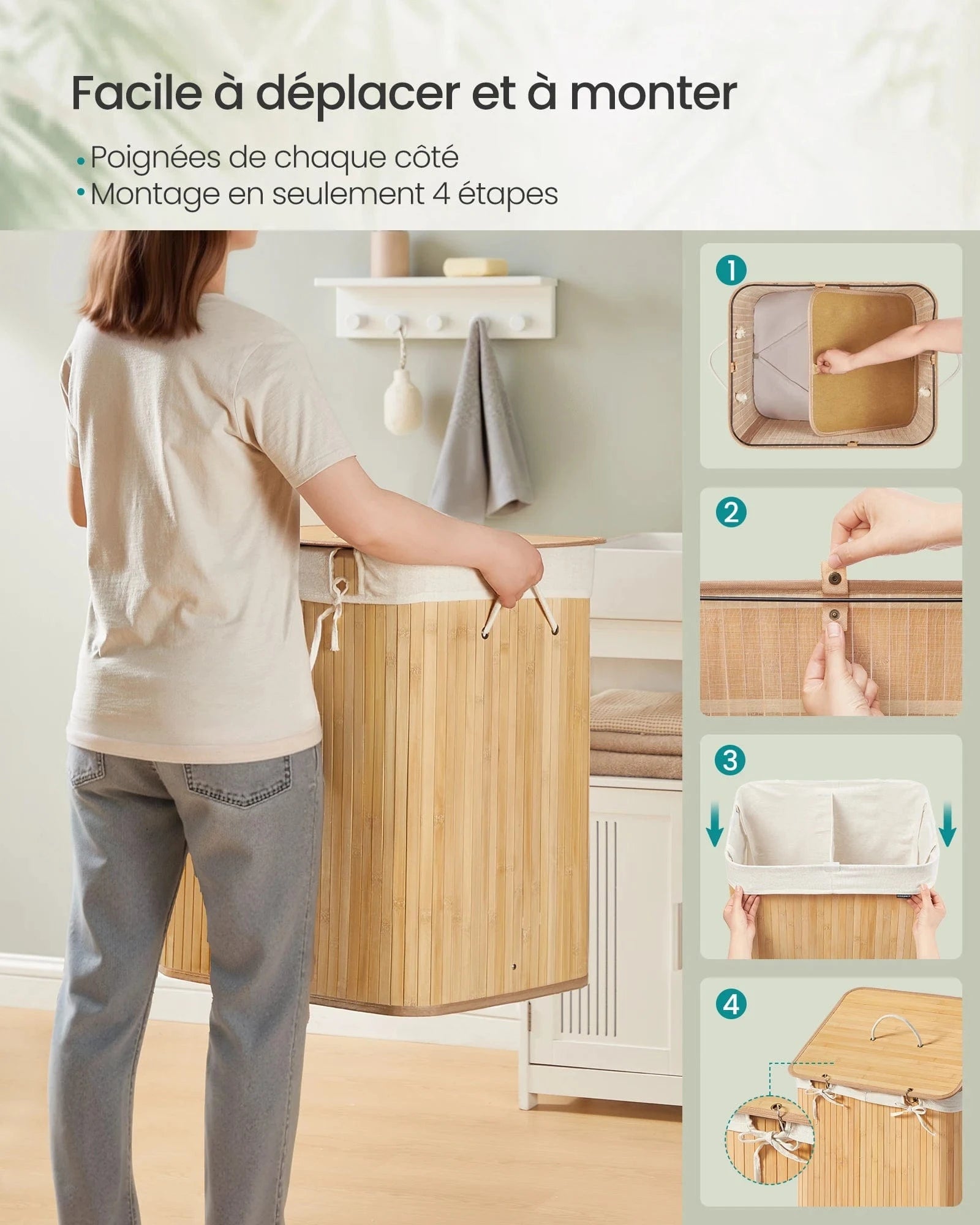 Panier à linge bambou avec couvercle et sac amovible Bambou / 120 L