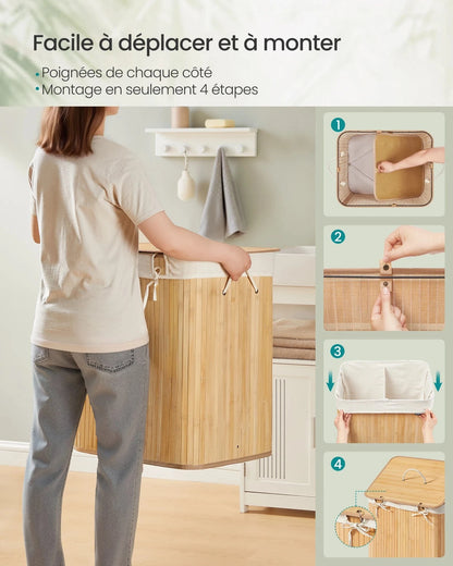 Panier à linge bambou avec couvercle et sac amovible Bambou / 120 L