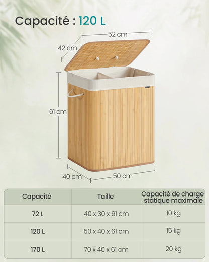 Panier à linge bambou avec couvercle et sac amovible Bambou / 120 L