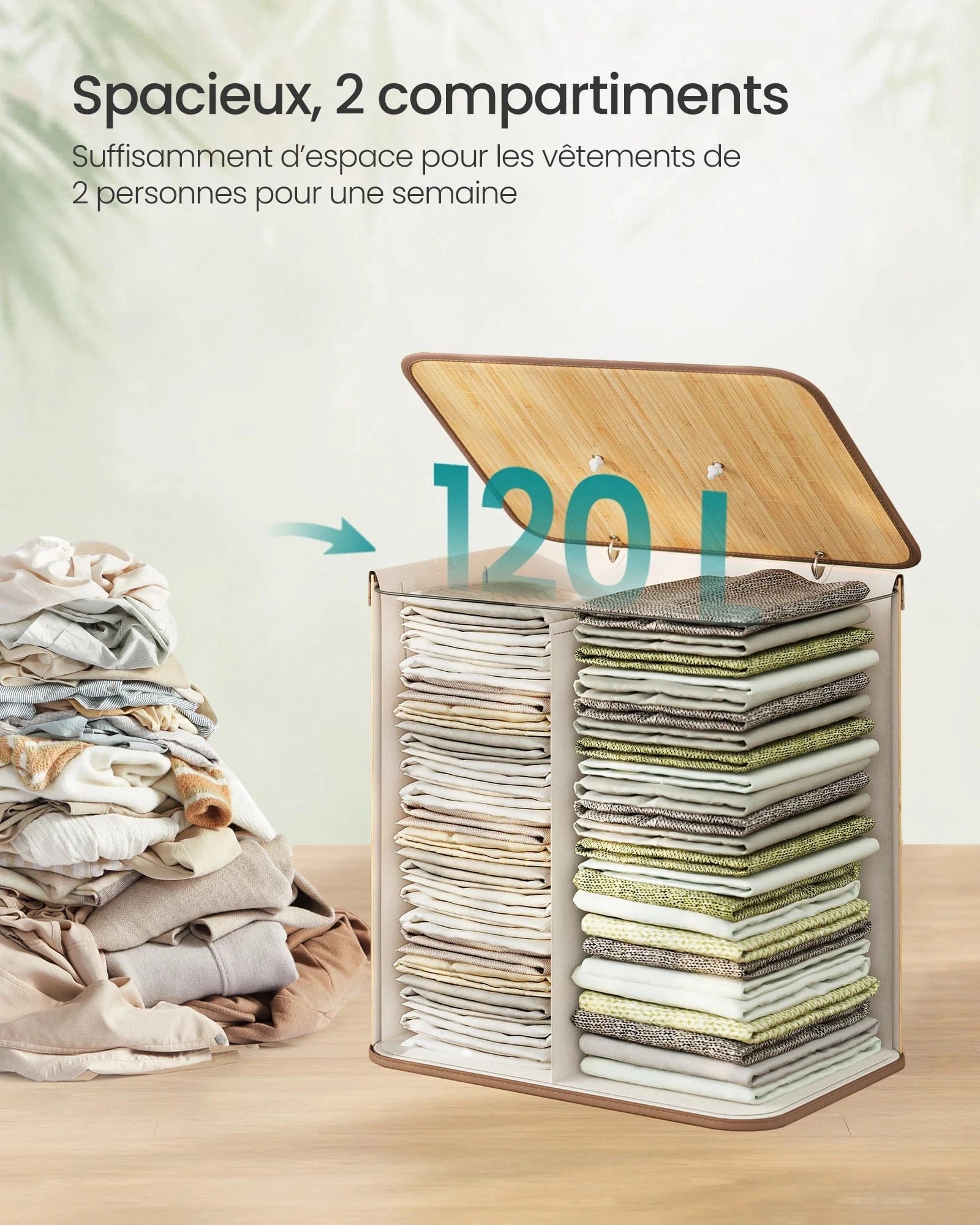 Panier à linge bambou avec couvercle et sac amovible Bambou / 120 L