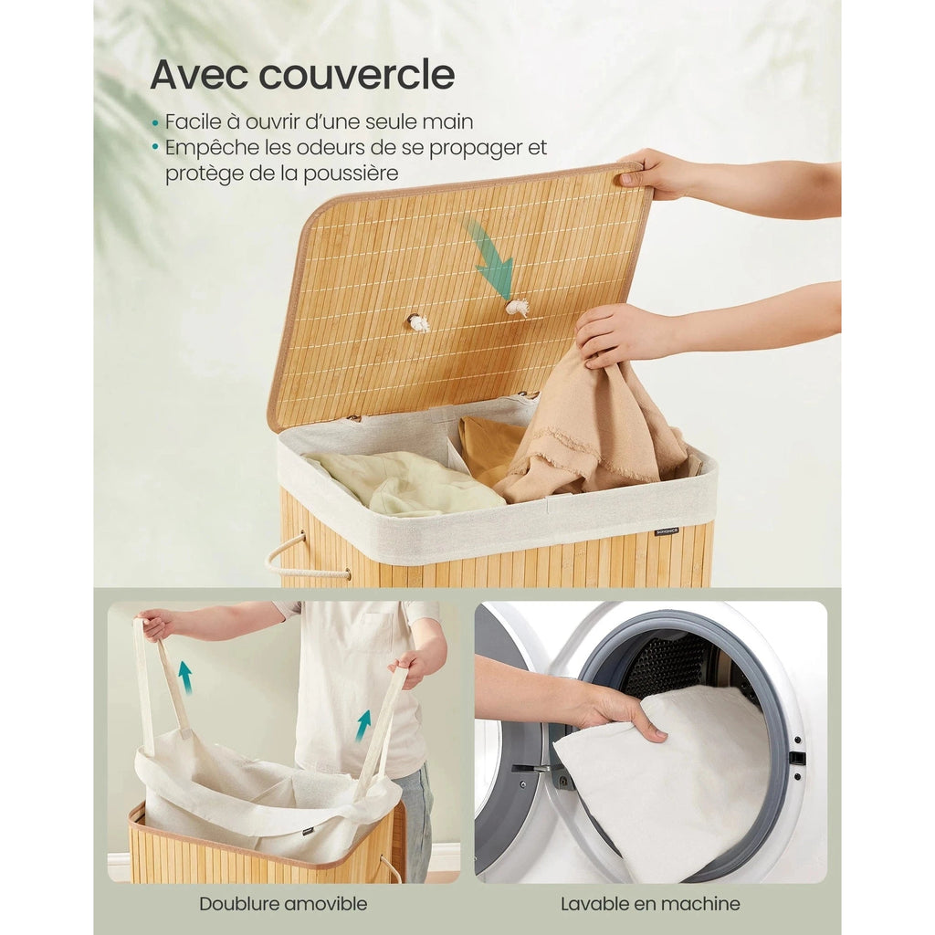 Panier à linge bambou avec couvercle et sac amovible - Aéraly