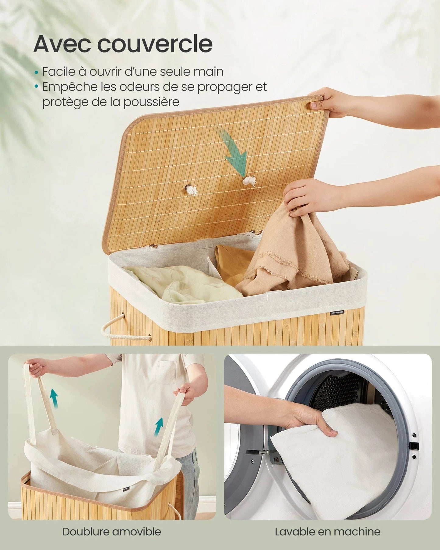 Panier à linge bambou avec couvercle et sac amovible Bambou / 120 L