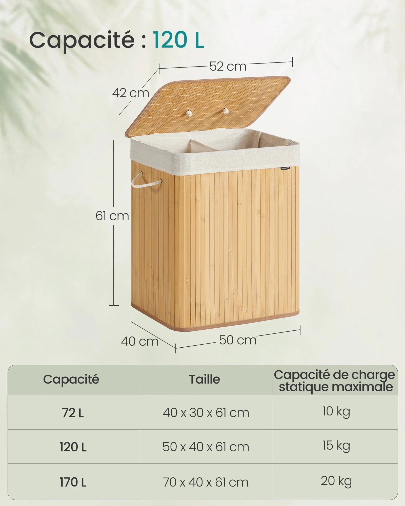 Panier à linge bambou avec couvercle et sac amovible Bambou / 120 L