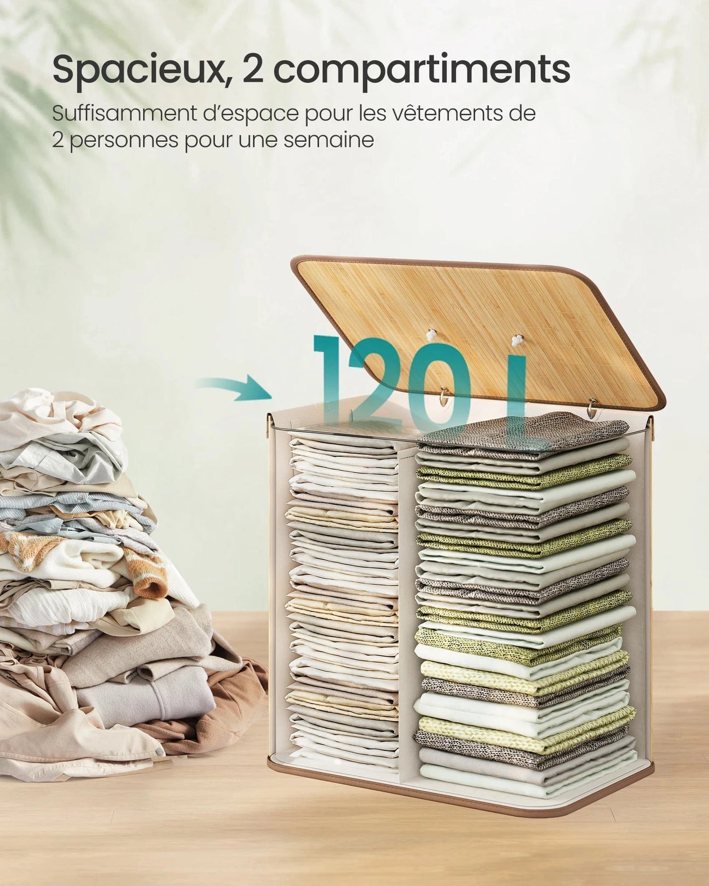 Panier à linge bambou avec couvercle et sac amovible Bambou / 120 L