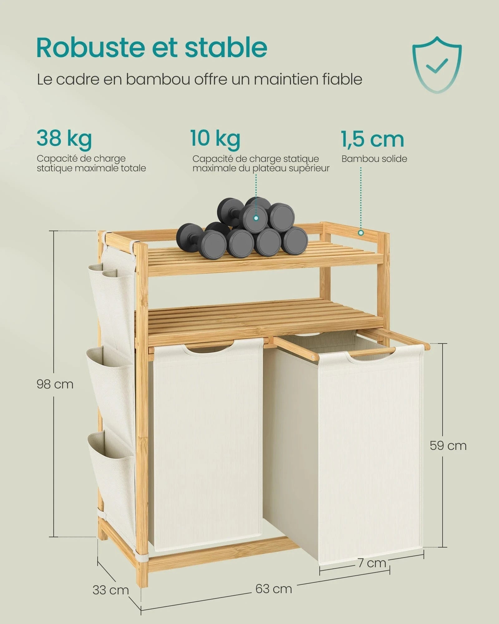 Laundry Basket, with 2 Compartments, 100 Litre Capacity, with Shelf, Side Pockets, 2 x 50 L, 63 x 33 x 98 cm, Cream White Blanc Crème / 100L / GERMANY