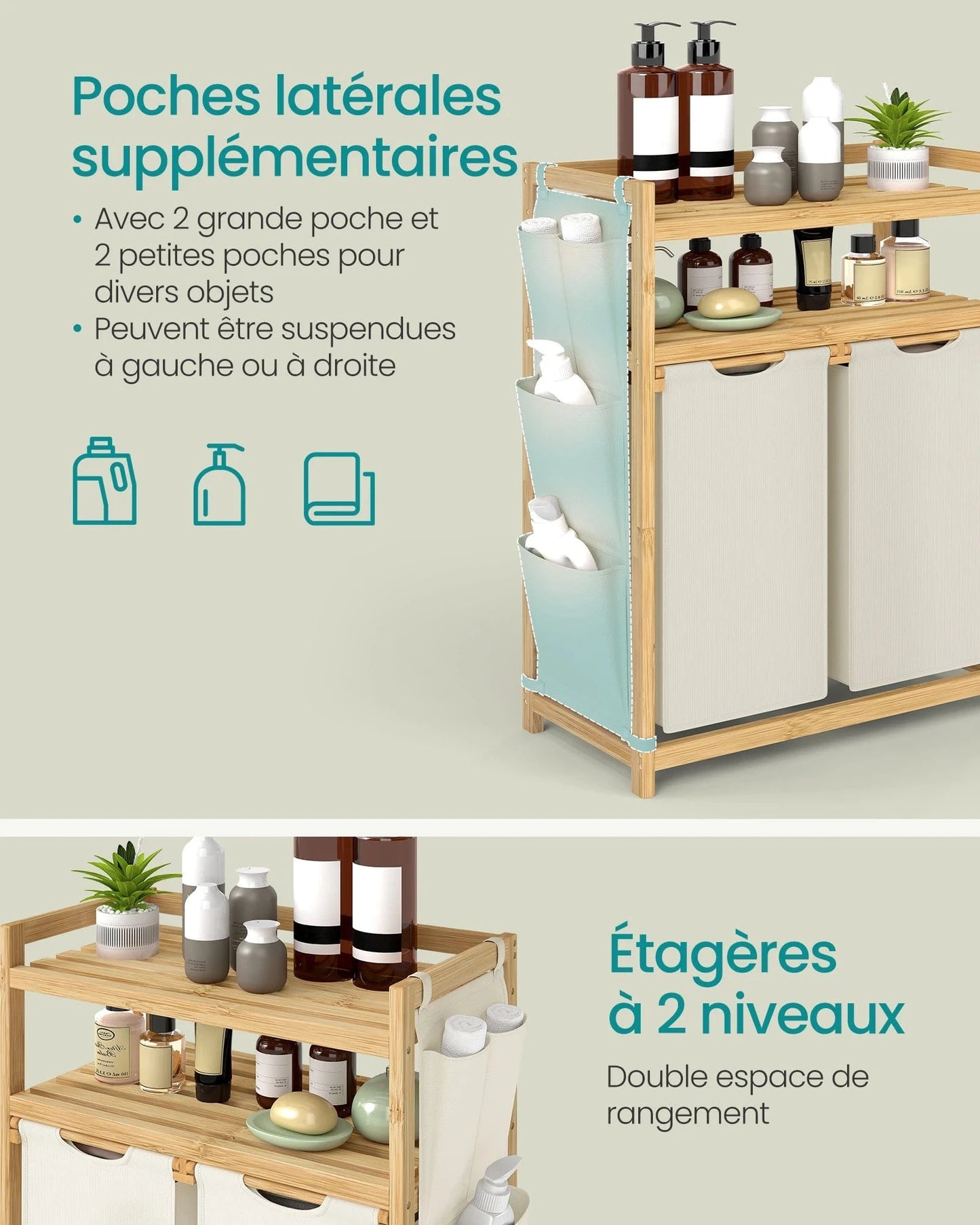 Laundry Basket, with 2 Compartments, 100 Litre Capacity, with Shelf, Side Pockets, 2 x 50 L, 63 x 33 x 98 cm, Cream White Blanc Crème / 100L / GERMANY