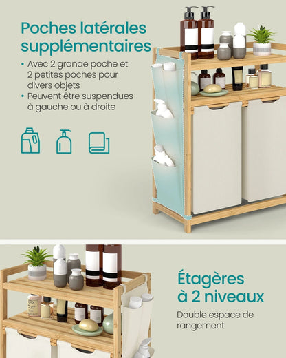 Laundry Basket, with 2 Compartments, 100 Litre Capacity, with Shelf, Side Pockets, 2 x 50 L, 63 x 33 x 98 cm, Cream White Blanc Crème / 100L / GERMANY