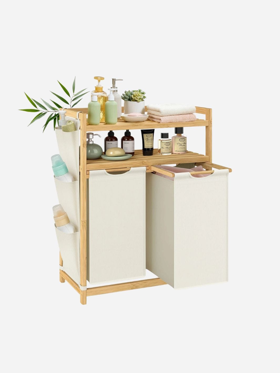 Panier à Linge Double Compartiment 100L + Étagère et Poches Latérales 100L / Blanc