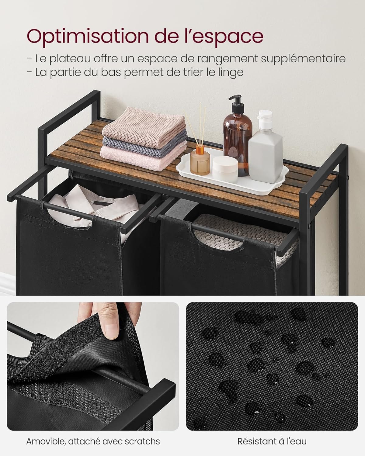 Panier à linge double avec compartiments – Pratique et robuste Noir/Marron