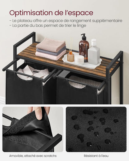 Panier à linge double avec compartiments – Pratique et robuste Noir/Marron